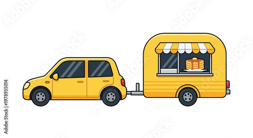 A cheerful yellow car cheerfully pulls a food trailer displaying a stack of golden pancakes