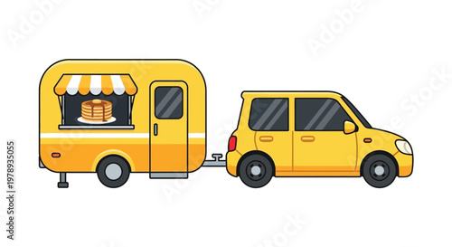 A bright yellow food trailer shaped like a camper is pulled by a matching compact car