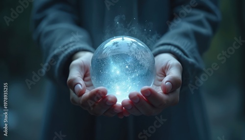 Hands hold glowing crystal ball with magical light inside. Ball has misty effect and shows stars. Mysterious fantasy atmosphere evokes wonder and imagination. Concept art.