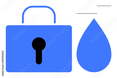 Security, water conservation, data protection, eco-awareness, safety, and sustainability. Blue padlock next to a water droplet. Security and water conservation concept