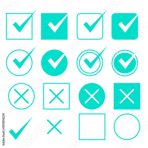 Check mark and cross icon set, UI symbols in circle and square shapes, simple flat design