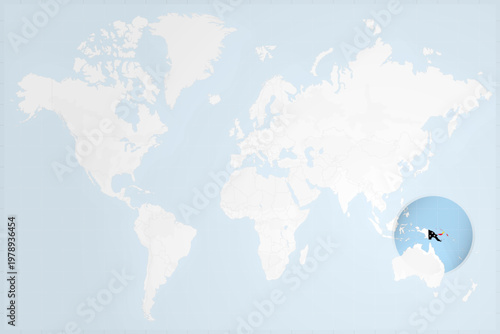 Papua New Guinea Map with Flag in Magnifying Glass on World Map Background