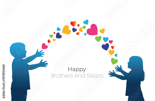 Happy brothers and sisters with colorful hearts in the air together