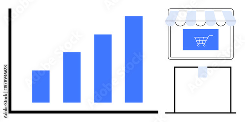 Business trends, online shopping, digital markets, ecommerce growth, sales analytics, retail performance. Bar graph and storefront with shopping cart icon. Ecommerce growth and online shopping