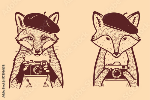 Minimalist Woodcut Fox with Beret Hat and Vintage Film Camera