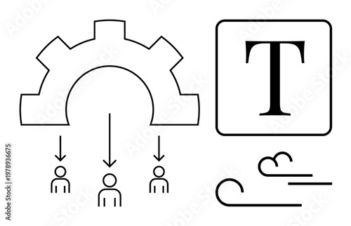 Business process, technology, knowledge sharing, teamwork, digital transformation, automation. Gear symbol, arrows pointing to people icons and text element. Business process and technology concept