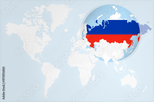 Russia Map with Flag in Magnifying Glass on World Map Background
