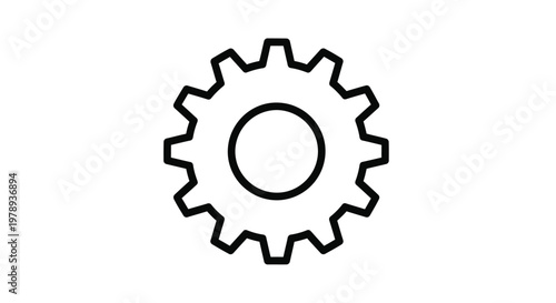 A minimalist black and white illustration depicting a single central gear with evenly spaced teeth