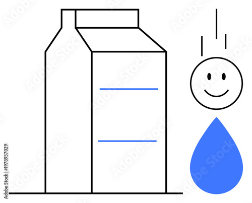 Eco-friendly packaging. Minimalist milk carton design alongside a blue water drop and smiling face s sustainability, renewable materials, and environmental care. For packaging, sustainability