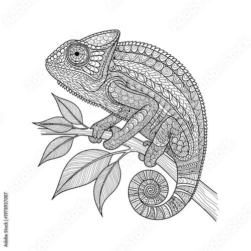 Zentangle chameleon sitting on a branch with leaves isolated on white background
