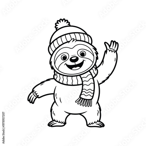Cute cartoon sloth wearing winter hat and scarf standing isolated on white background