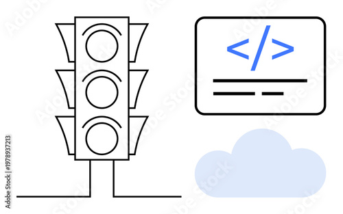 Automation, coding, machine learning, cloud computing, technology integration, digital transformation. Traffic light combined with code and cloud icon. Automation and coding conceptual theme