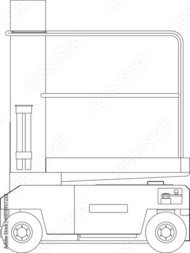 Technical engineering drawing showing a side elevation of a wheeled scissor lift vehicle with a hydraulic platform, safety railings, and control panel.