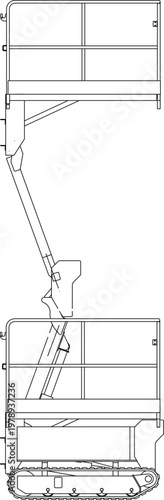 Technical engineering drawing showing a side elevation of a tracked aerial lift featuring a hydraulic boom arm, a lower platform, and an upper work basket with safety railings.