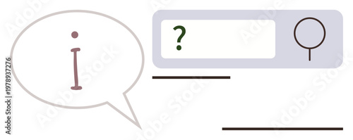 Online search, knowledge sharing, information retrieval, FAQs, research tools, digital communication. Speech bubble with i and search bar with question mark. Online search and knowledge sharing
