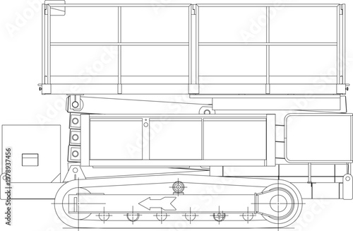Technical drawing showing side elevation of tracked lift platform with safety railings, hydraulic mechanism, and storage boxes.