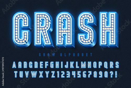 Retro marquee show alphabet design, circus, fairy LED lamps letters and numbers.