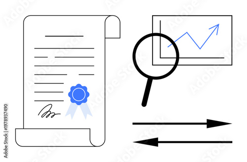 Certification, analytics, business growth, data management, performance monitoring, quality assurance. Document with seal, magnifying glass over chart. Certification and analytics
