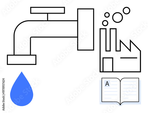 Sustainable development, water management, environmental impact, education, industrial processes, resource conservation. A faucet, factory and an open book. Water conservation and industrial impact