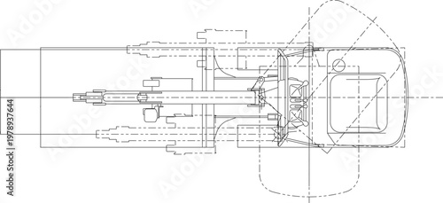 Technical engineering drawing showing a top-down plan view of a compact excavator featuring a hydraulic boom arm, bucket, crawler tracks, and operator station.