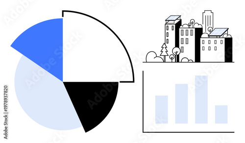 Renewable energy, urban innovation, sustainable living, eco-friendly solutions, data analytics, green building designs. Detailed pie chart, bar graph buildings with solar panels. Renewable energy