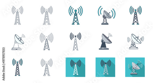 A collection of communication tower and satellite dish icons in various styles, representing wireless technology and signal transmission.