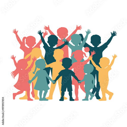 Diverse group of children joyfully celebrating together, arms raised high.