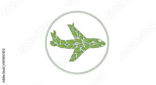 Green airplane silhouette filled with vibrant leaves, symbolizing eco-friendly travel and sustainable aviation within a circular frame on a white background.