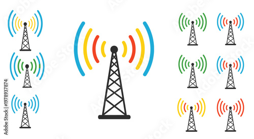 Cell towers with colorful signal waves.