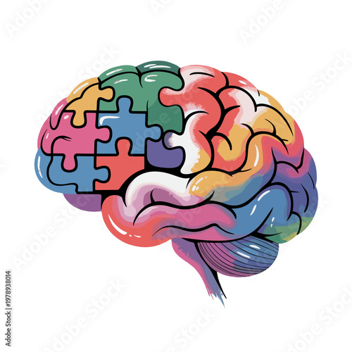 Human brain composed of colorful puzzle pieces.