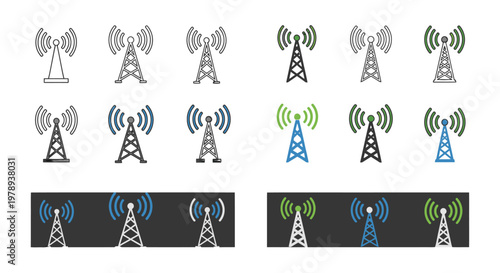Collection of communication tower icons and signal transmission illustrations in various colors, depicting wireless technology and connectivity.