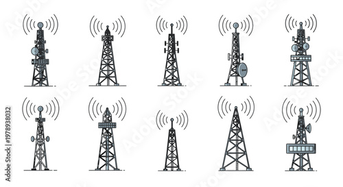 A collection of ten diverse communication towers, each transmitting radio signals, depicted in a clean, isolated vector illustration style.