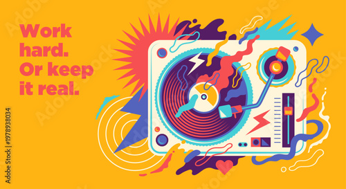 Abstract retro vinyl turntable illustration with colorful pop-art style and dynamic shapes. Vector illustration.