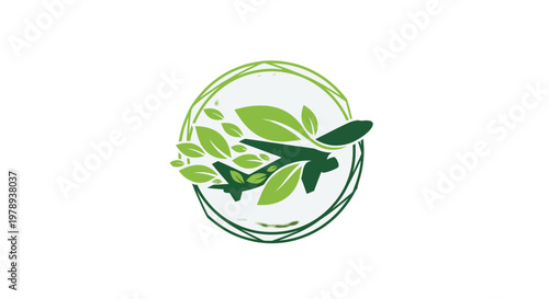 Green airplane with leaves flying within a circular frame, symbolizing eco-friendly and sustainable travel solutions.
