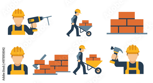 Flat design icons depicting construction workers performing various tasks like drilling, bricklaying, and transporting materials, along with stacks of bricks and tools.