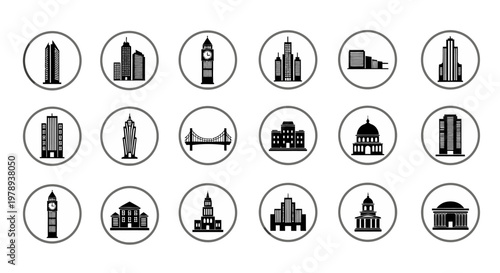 A collection of 18 minimalist black and white circular icons featuring various architectural structures and famous buildings, including skyscrapers, towers, and bridges.