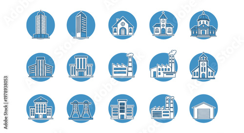 A collection of blue and white circular icons depicting various types of buildings and structures, including skyscrapers, churches, factories, and government buildings.