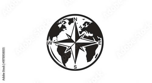 Black and white illustration of a compass rose with cardinal directions N, S, E, W superimposed on a globe showing continents, symbolizing global navigation and exploration.