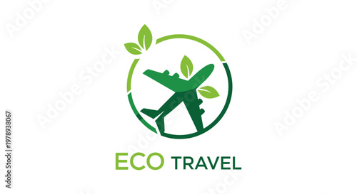 A logo for eco travel featuring a green airplane with leaves inside a circular frame, promoting sustainable journeys.