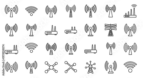 Collection of line art icons depicting various wireless communication devices and signals, including antennas, routers, and Wi-Fi symbols.