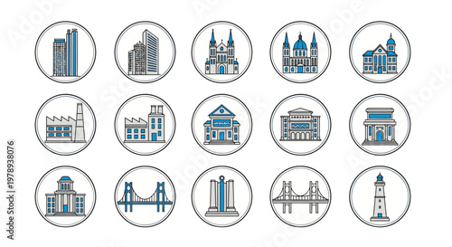 A collection of fifteen minimalist line art icons depicting various architectural structures and famous landmarks in blue and grey tones.