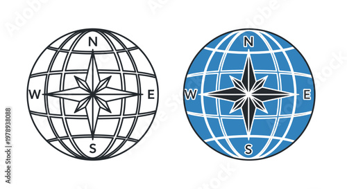Two illustrations of globes with compass roses, one in outline and one colored blue, representing global navigation and direction.