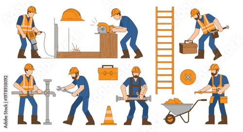 Construction workers at various tasks.