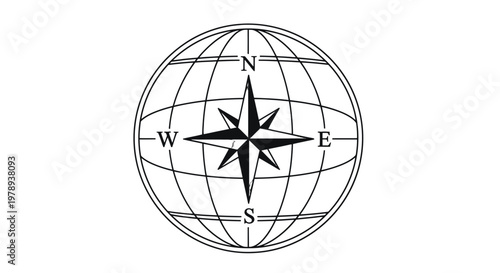 A detailed black and white line drawing of a compass rose with cardinal directions N, S, E, W, centered on a spherical globe with grid lines.