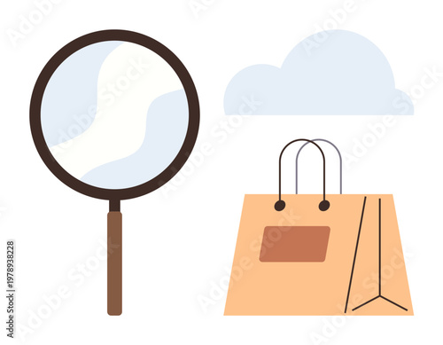 Online shopping, digital search, retail innovation, e-commerce, sustainability, consumer trends. Magnifying glass, shopping bag cloud isolated on white. Online shopping and digital search concept