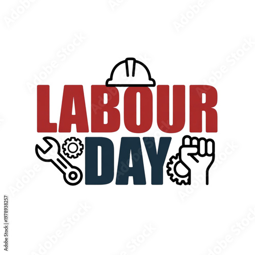 A Labour Day logo with a hard hat, wrench, and raised fist on a white background