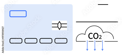 Financial sustainability, carbon footprint, eco-friendly solutions, carbon offset, digital payments, environmental impact. Abstract payment card with chip and CO2 emission reduction icon. Financial