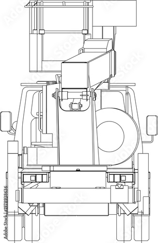 Technical engineering drawing showing a front elevation view of a truck-mounted aerial lift or crane with boom mechanism, outriggers, and structural details.