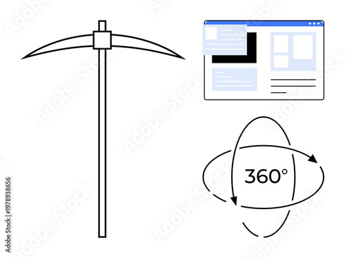 Data exploration, virtual reality, UX design, online search, immersive tech, digital interfaces. Mining tool, online interface screen 360-degree icon. Data exploration and virtual reality designs