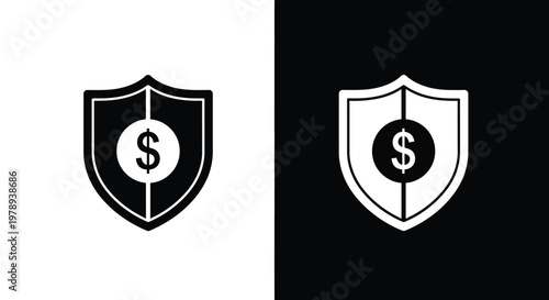A split screen displays a shield icon with a dollar sign once in white and again in black